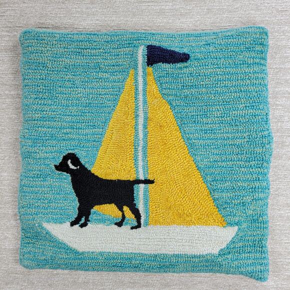 Handmade Hooked Wool Pillow Cover Dog Sailboat Nautical Coastal 17x17 - Picture 10 of 11